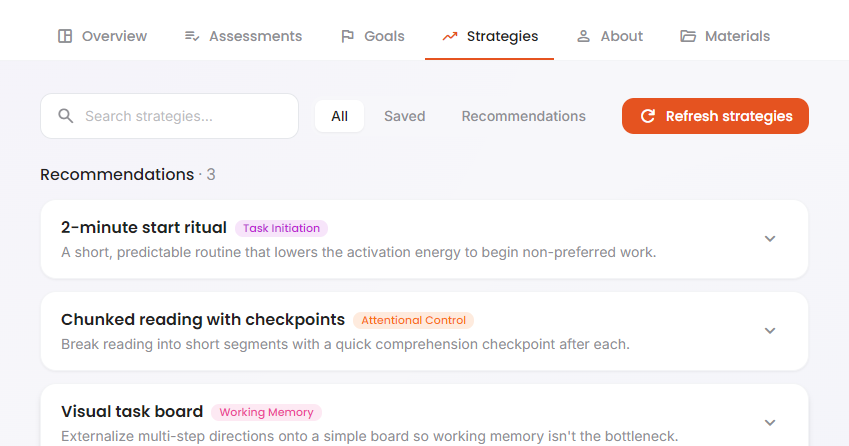 An Advocate360 profile showing suggested executive function strategies alongside connected assessment, goals, and skill-building tools